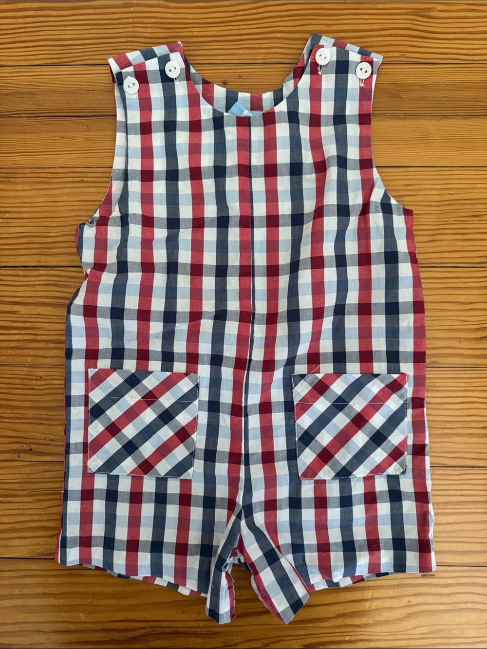 bella bliss 18m Red, Navy & White Plaid Button-Shoulder Romper cottom